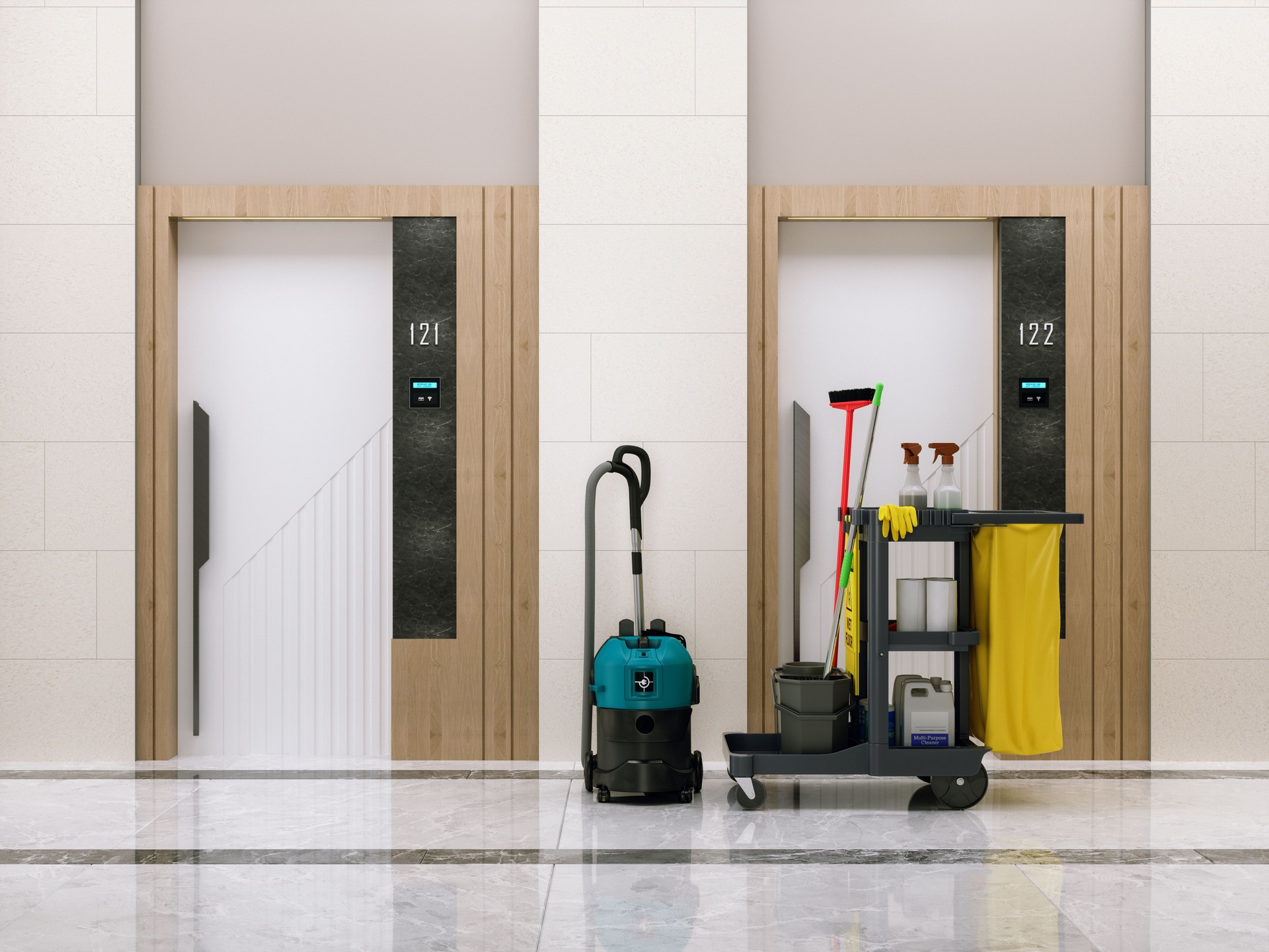 Cleaning Cart With Detergents, Cleaning Mop, Bucket And Vacuum Cleaner In Empty Hotel Corridor