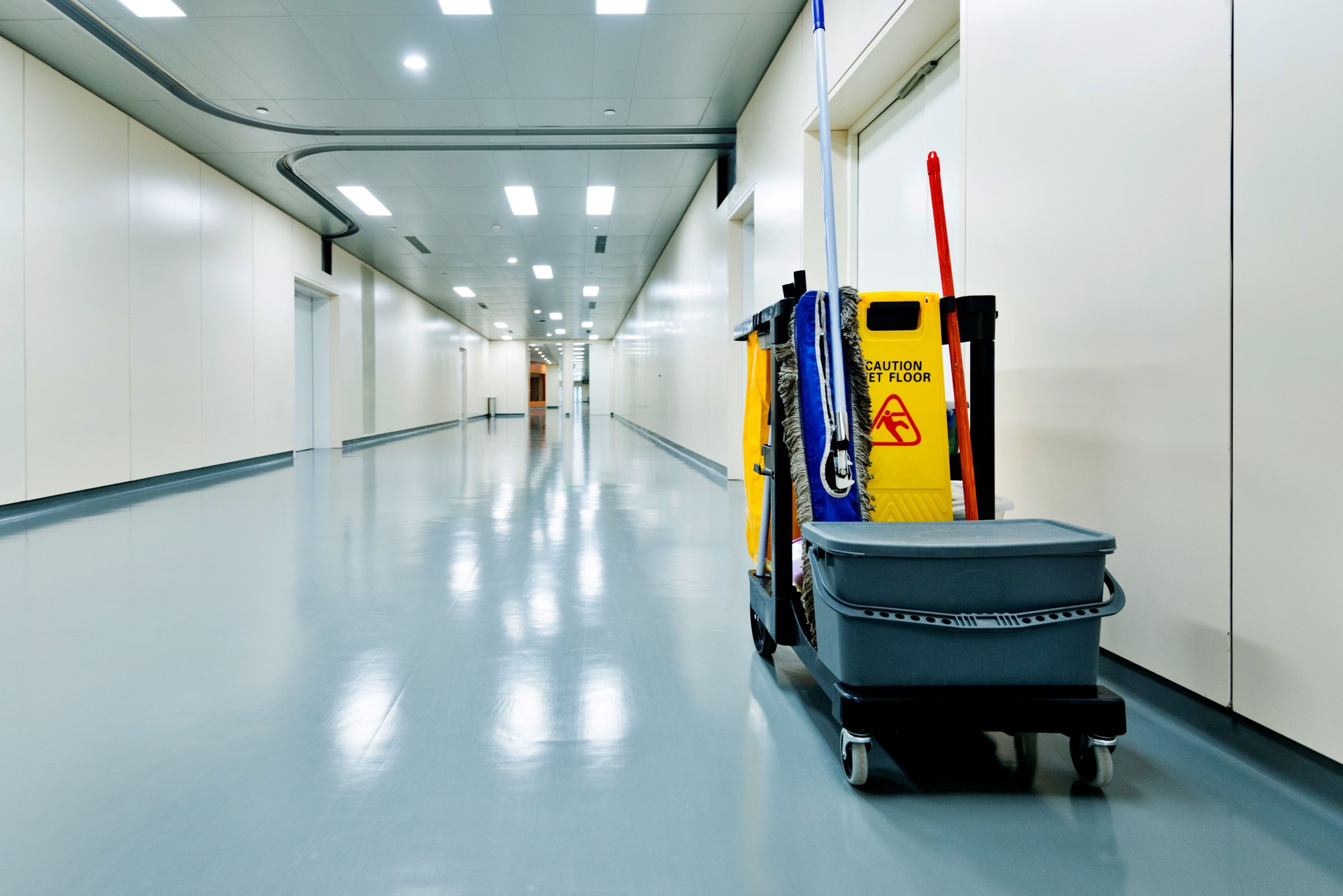 Cleaning cart in hospital corridor